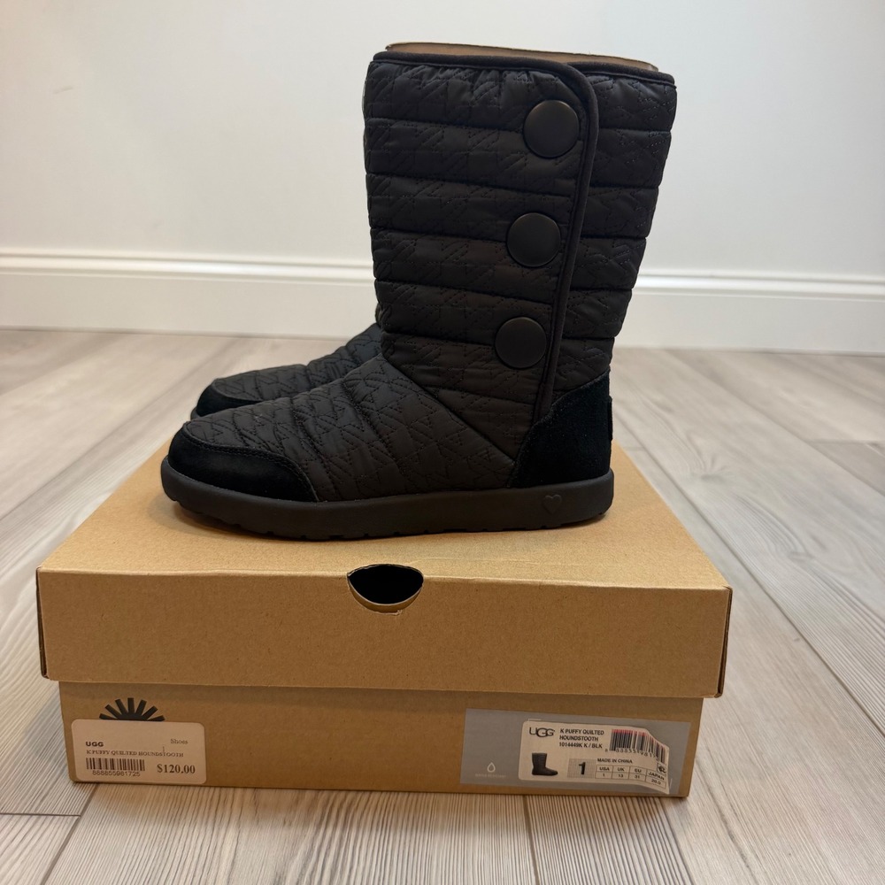 NEW UGG K Puffy Quilted Houndstooth Black Water Resistant Boots 1014449K Kids 1